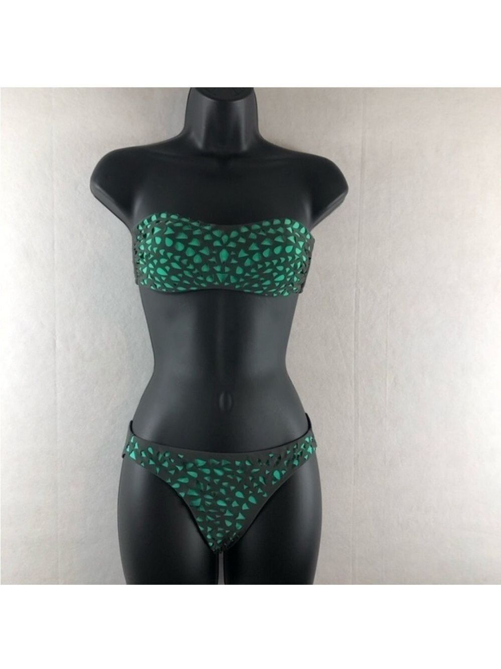 Xhilarartion green gray laser cut perforated bandeau bikini swimsuit XL